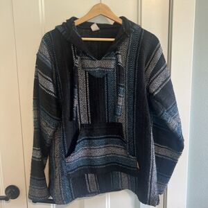 Molina Hooded Cotton Poncho Mexican Baja Surfer Drug Rug Hoodie Pocket Black Y2K